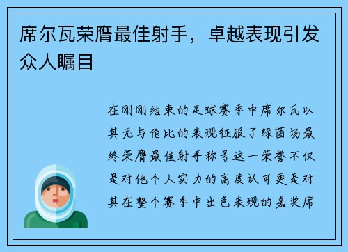 席尔瓦荣膺最佳射手，卓越表现引发众人瞩目