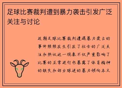 足球比赛裁判遭到暴力袭击引发广泛关注与讨论