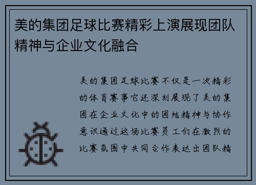 美的集团足球比赛精彩上演展现团队精神与企业文化融合