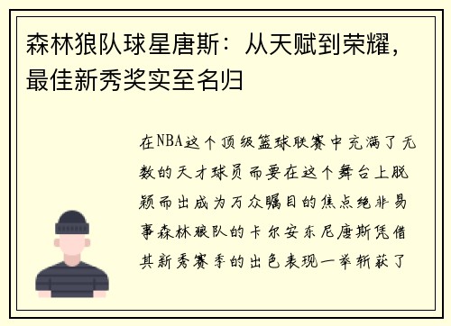 森林狼队球星唐斯：从天赋到荣耀，最佳新秀奖实至名归