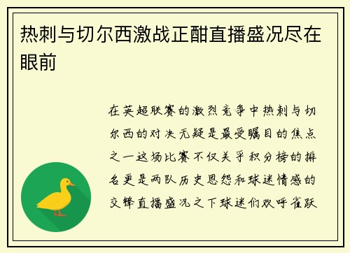 热刺与切尔西激战正酣直播盛况尽在眼前
