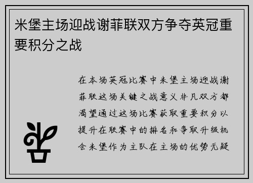 米堡主场迎战谢菲联双方争夺英冠重要积分之战