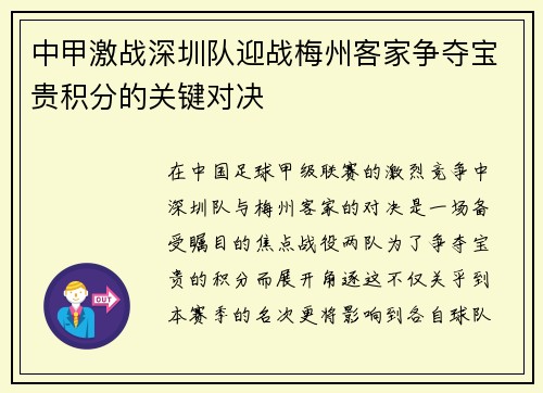 中甲激战深圳队迎战梅州客家争夺宝贵积分的关键对决