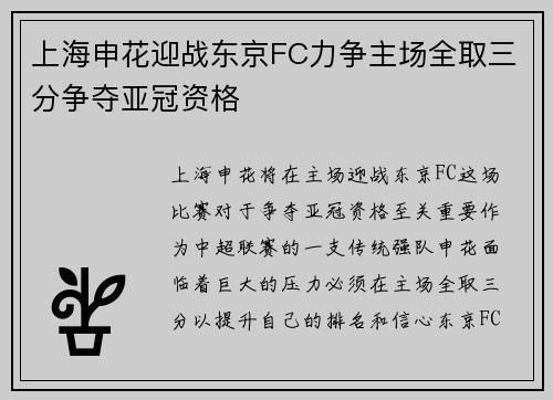上海申花迎战东京FC力争主场全取三分争夺亚冠资格