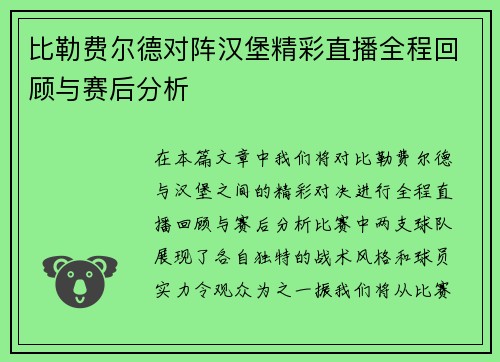 比勒费尔德对阵汉堡精彩直播全程回顾与赛后分析