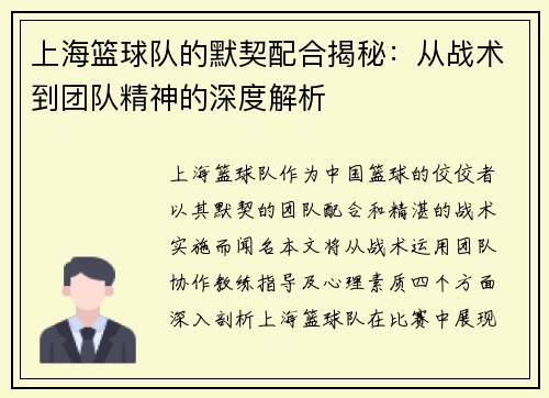 上海篮球队的默契配合揭秘：从战术到团队精神的深度解析