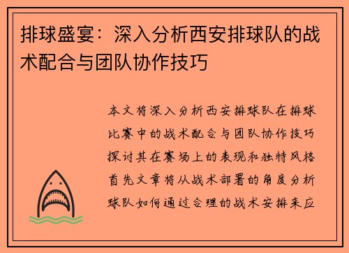 排球盛宴：深入分析西安排球队的战术配合与团队协作技巧