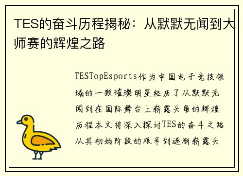 TES的奋斗历程揭秘：从默默无闻到大师赛的辉煌之路